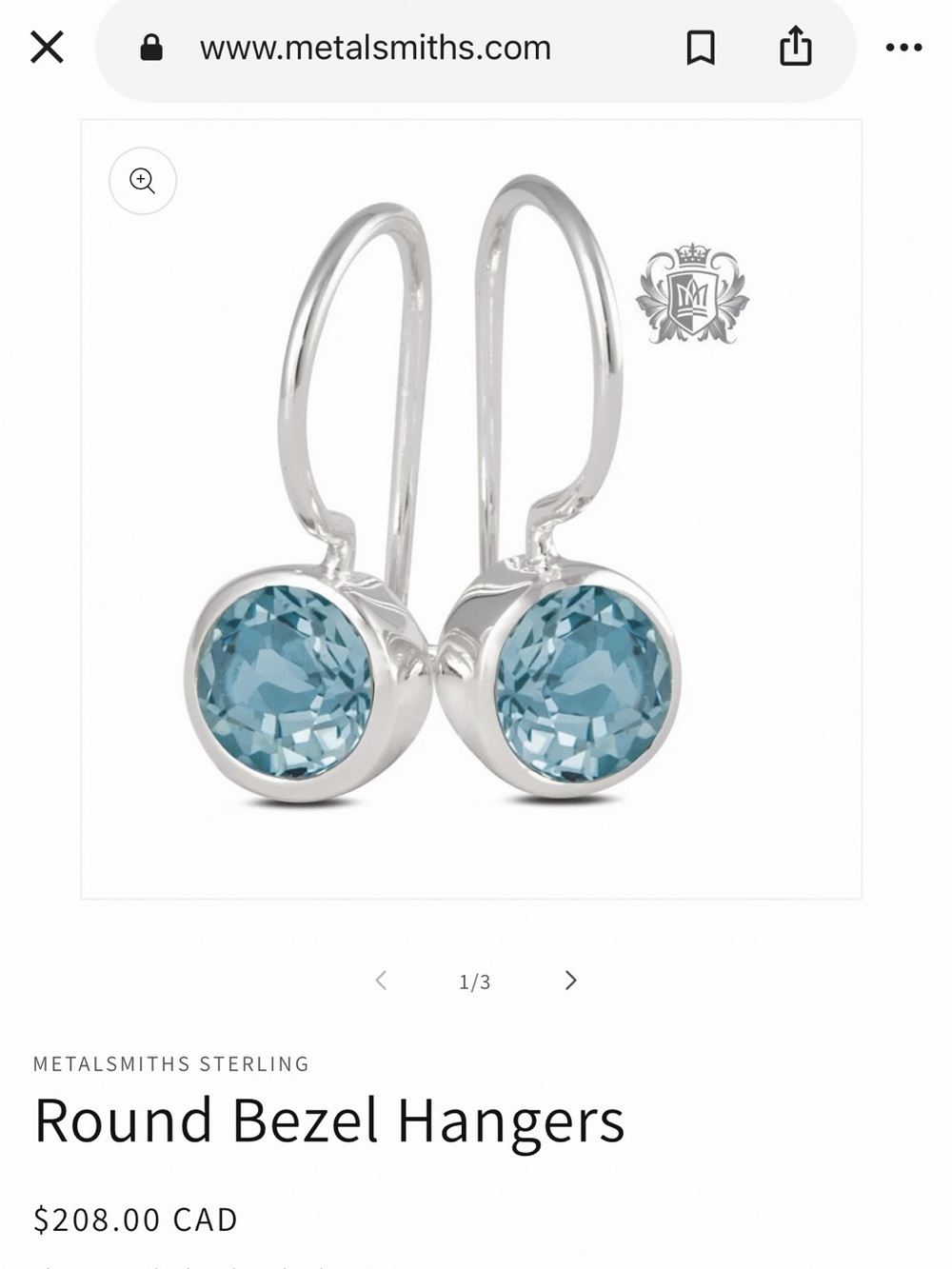 Metalsmiths 925 STERLING SILVER BLUE TOPAZ Round Bezel Hangers EARRINGS